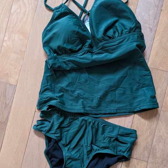 Womens Swimwear Cutout Tankini Bikini Set Sz M Stretch Green Spaghett Strap - Picture 9 of 9